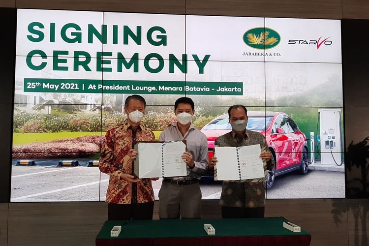 Penandatanganan kerja sama PT Grahabuana Cikarang dan PT Starvo Global Energi untuk menghadirkan SPKLU di wilayah Jababeka, Cikarang, Jawa Barat, Selasa (25/5/2021).