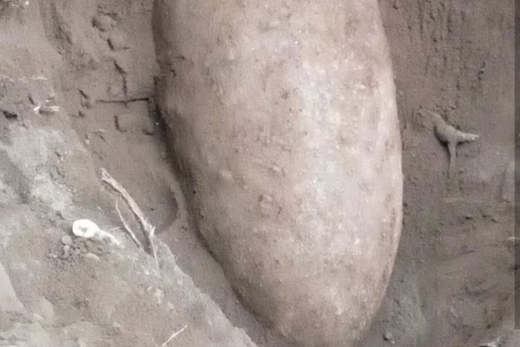 Benda diduga mortir yang ditemukan warga saat menggali tanah di halaman rumah daerah Padukuhan Tanjung, Kalurahan Umbulmartani, Kapanewon Ngemplak, Kabupaten Sleman, DIY. (Foto tangkapan layar dari media sosial @merapi_uncover).