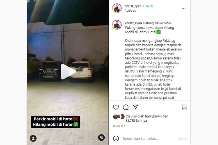 Video viral mengenai sebuah mobil hilang di parkiran hotel di Bogor, Jawa Barat.