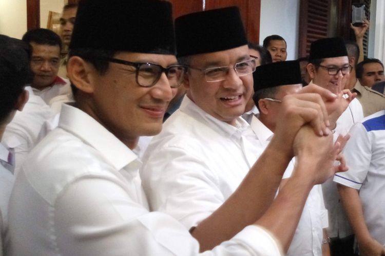 Pasangan calon gubernur-wakil gubernur DKI Jakarta, Anies Baswedan-Sandiaga Uno di rumah Prabowo Subianto di Jalan Kertanegara, Jakarta Selatan, Rabu (19/4/2017).