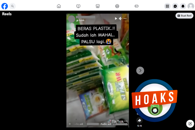 Tangkapan layar unggahan dengan narasi hoaks di sebuah akun Facebook, Senin (9/10/2023), soal temuan beras palsu yang terbuat dari plastik.