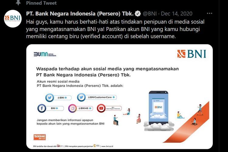 Banyak akun media sosial atasnamakan BNI