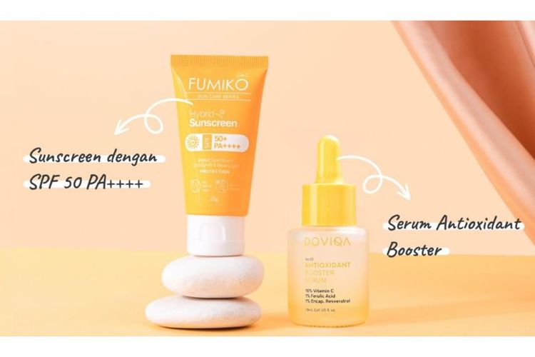 Fumiko Hybrid Sunscreen SPF 50+/PA++++ dan Doviqa Antioxidant Booster Serum dapat membantu melindungi dan memperbaiki kerusakan kulit akibat paparan sinar ultraviolet. 