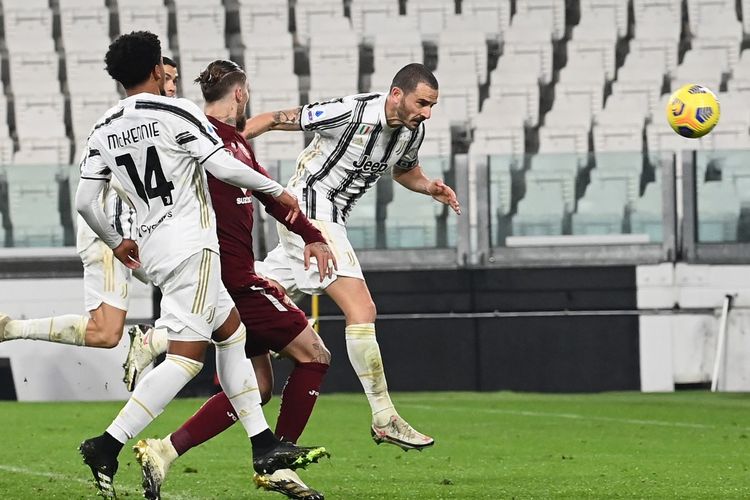 Sundulan bek Juventus Leonardo Bonucci yang menggetarkan jala Torino pada laga lanjutan Liga Italia 2020-2021 di Stadion Allianz, Sabtu (5/12/2020) atau Minggu dini hari WIB. 