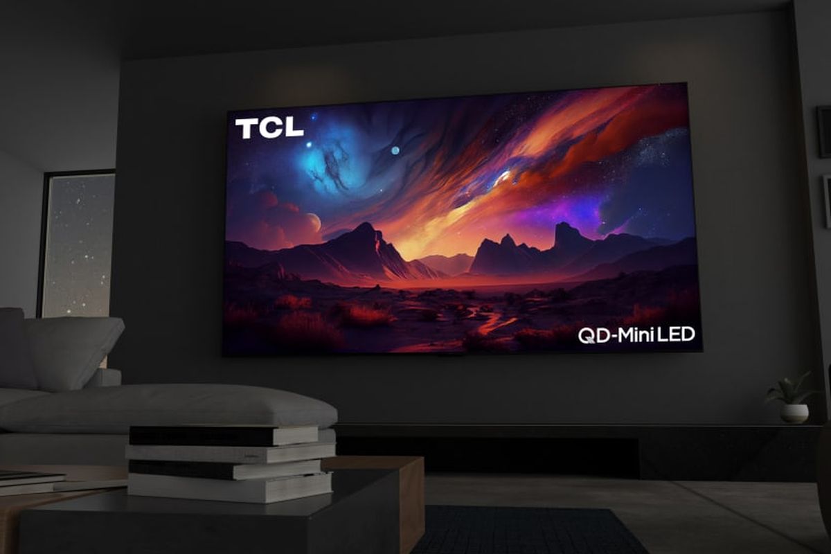 Ilustrasi 4K mini-LED TV TCL QM89 yang memiliki layar dengan ukuran 115 inci.