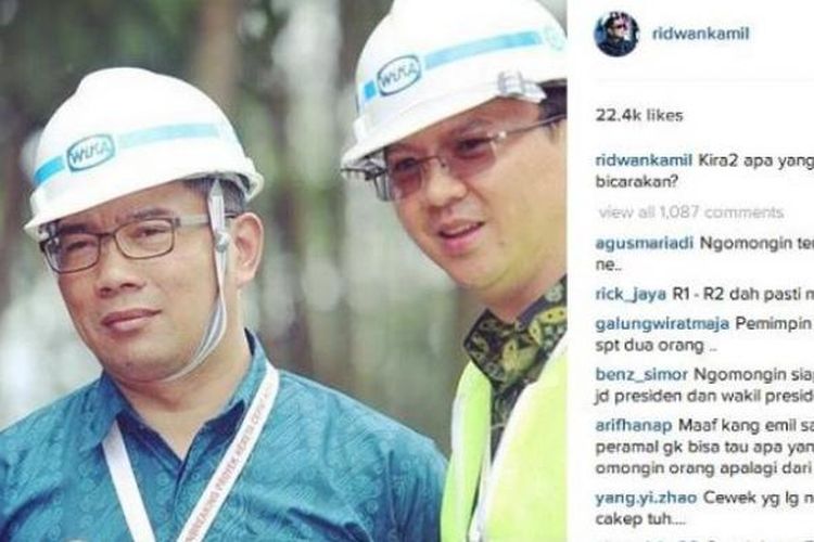 Wali Kota Bandung Ridwan Kamil mengunggah fotonya dalam satu frame bersama Gubernur DKI Jakarta Basuki Tjahaja Purnama di akun Instagram miliknya, @ridwankamil.