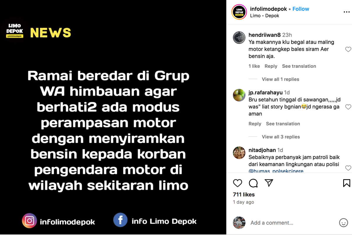 Beredar di media sosial imbauan untuk para pengguna motor yang melintas di Limo, Depok