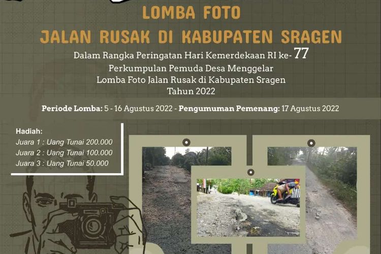 Poster pengumuman Perkumpulan Pemuda Desa (PPD) menggelar lomba foto jalan rusak di Kabupaten Sragen, Jawa Tengah.