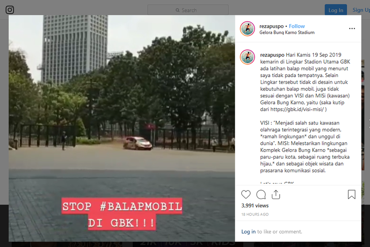 Postingan dari founder IndoRunners yang menunjukan kawasan Gelora Bung Karno dipakai sebagai tempat balap mobil.