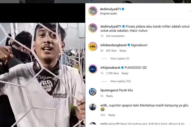 
Dalam sebuah unggahan di akun Instagram Gubernur Jawa Barat, Dedi Mulyadi @dedimulyadi71, pada Senin (26/5/2025), terlihat sejumlah oknum Bobotoh, julukan suporter Persib, melakukan aksi perusakan.