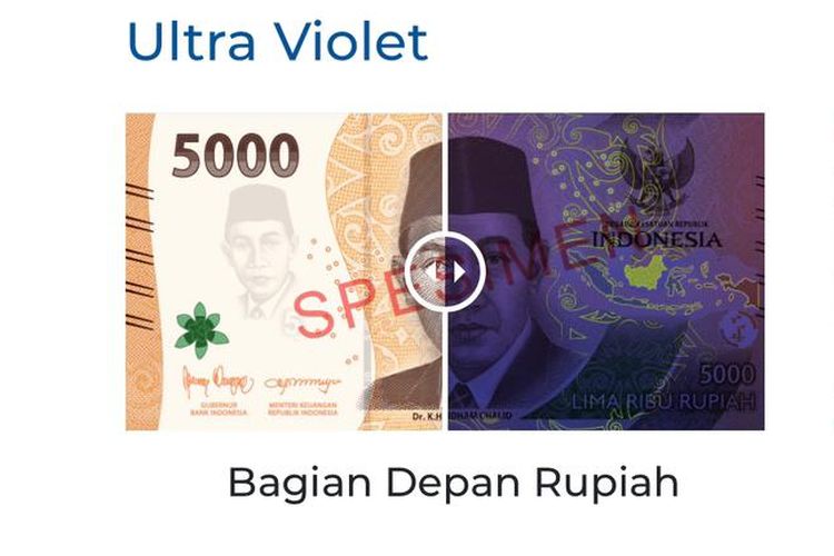 Tampilan bagian depan uang pecahan Rp 5.000.