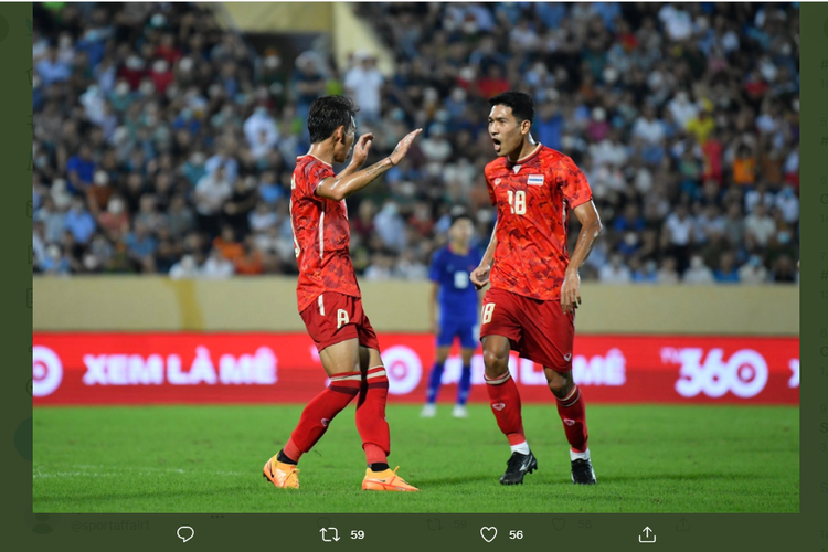 Tangkapan layar Twitter tim nasional Thailand yang menangkap momen laga kontra Kamboja dalam lanjutan fase grup sepak bola SEA Games 2021 di Stadion Thien Truong, Nam Dinh, Vietnam, pada Sabtu (14/5/2022) malam WIB.