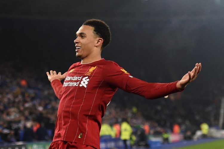 Trent Alexander-Arnold saat merayakan gol pada laga pekan ke-19 Liga Inggris antara Leicester City vs Liverpool di Stadion King Power, Kamis 26 Desember 2019.