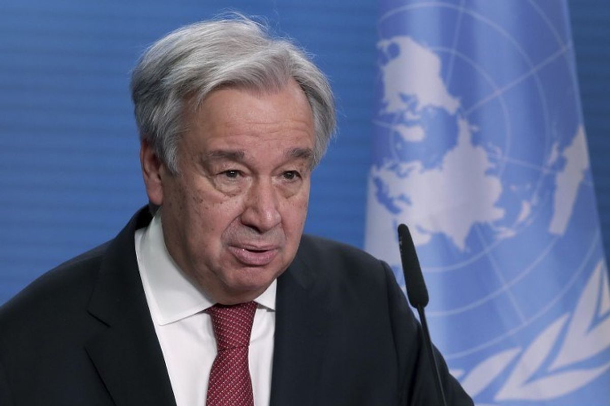 Sekretaris Jenderal Perserikatan Bangsa-Bangsa (PBB), Antonio Guterres berbicara di depan parlemen Jerman dalam pidatonya untuk menandai 75 tahun sejak berdirinya PBB, pada Jumat (18/12/2020).