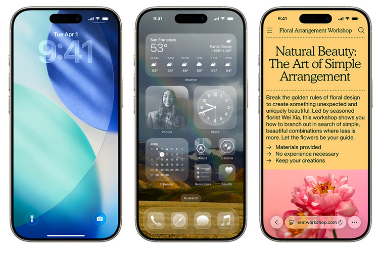 Tampilan baru iOS 26 yang mengusung desain Liquid Glass dengan efek seperti kaca, yang transparan, reflektif, dengan sudut membulat.