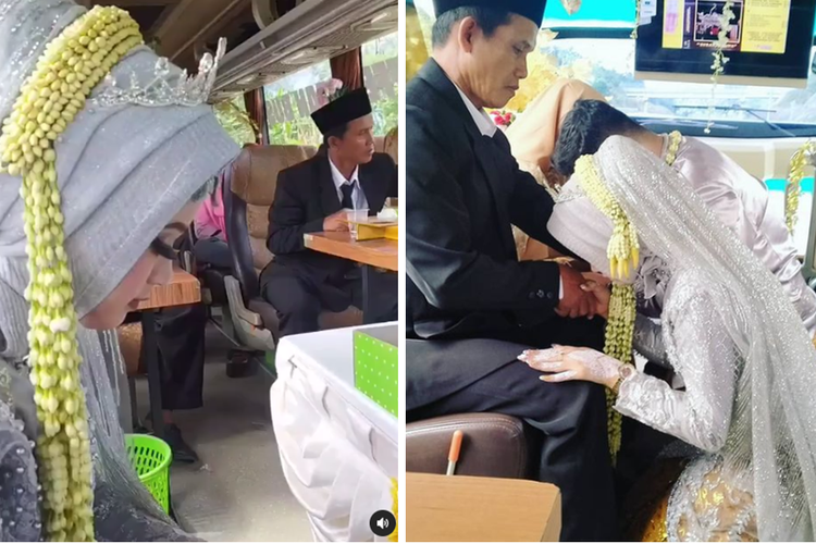 Tangkapan layar video viral pernikahan di dalam bus.