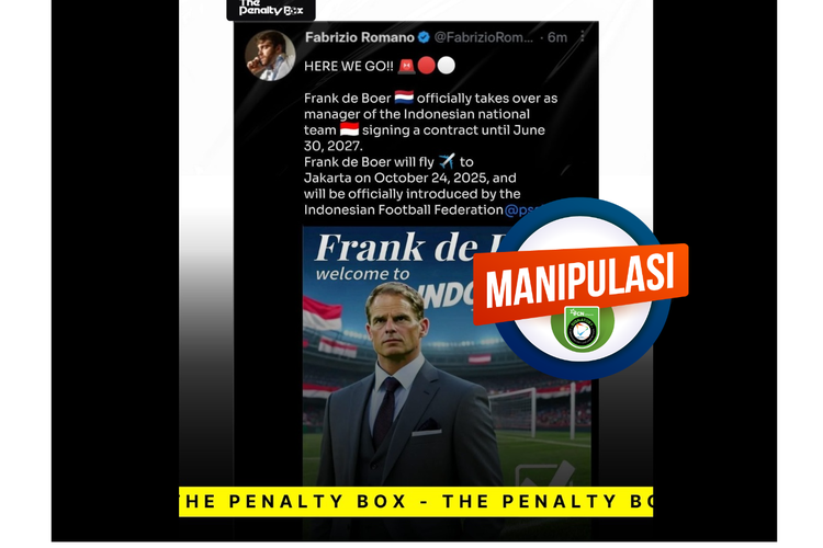 Video yang mengeklaim Fabrizio Romano menyebut  Frank de Boer telah resmi menjadi pelatih  timnas Indonesia.