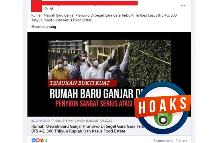 Tangkapan layar Facebook narasi yang mengeklaim rumah baru Ganjar Pranowo disegel