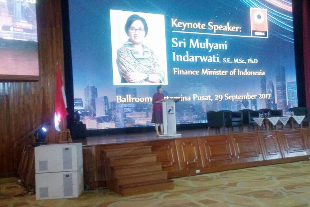 Menteri Keuangan (Menkeu) Sri Muyani Indrawati saat menjadi pembicara di Kantor Pertamin Pusat, Jakarta, Jumat (29/9/2017).