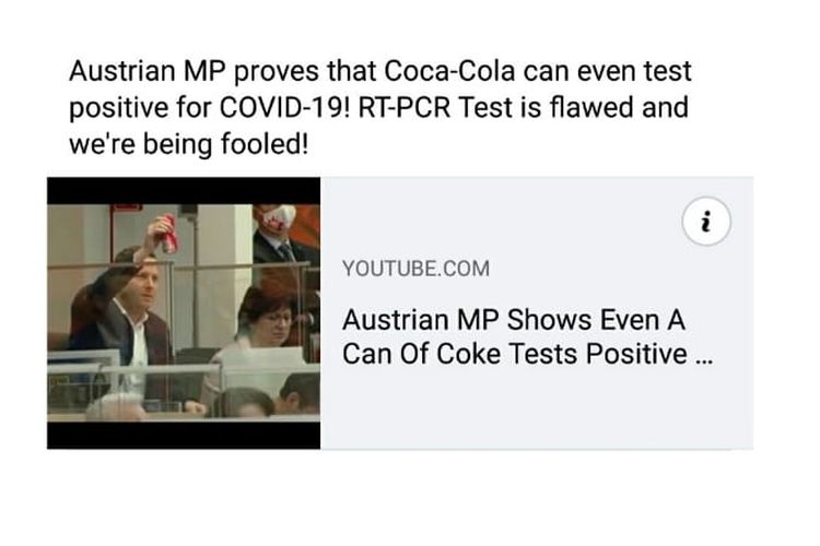 Status Facebook mengenai eksperimen keliru politisi Austria menggunakan sampel Coca-Cola pada alat rapid test antigen yang menunjukkan hasil positif.  