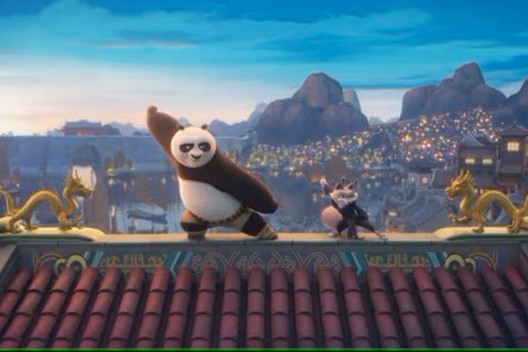 Gambar yang dirilis oleh Universal Pictures ini menunjukkan karakter Po, disuarakan oleh Jack Black, kiri, dan Zhen, disuarakan oleh Awkwafina, dalam sebuah adegan dari Kung Fu Panda 4.