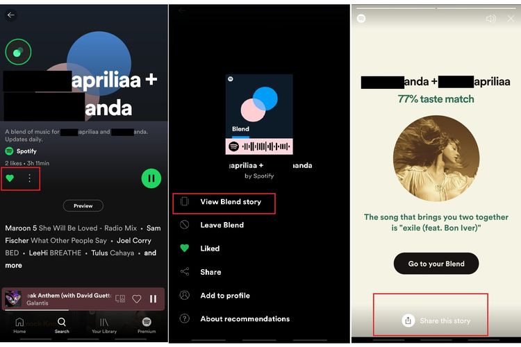 Tampilan fitur Blend di Spotify dan cara membagikan stories Blend ke media sosial lain, seperti Instagram Stories.