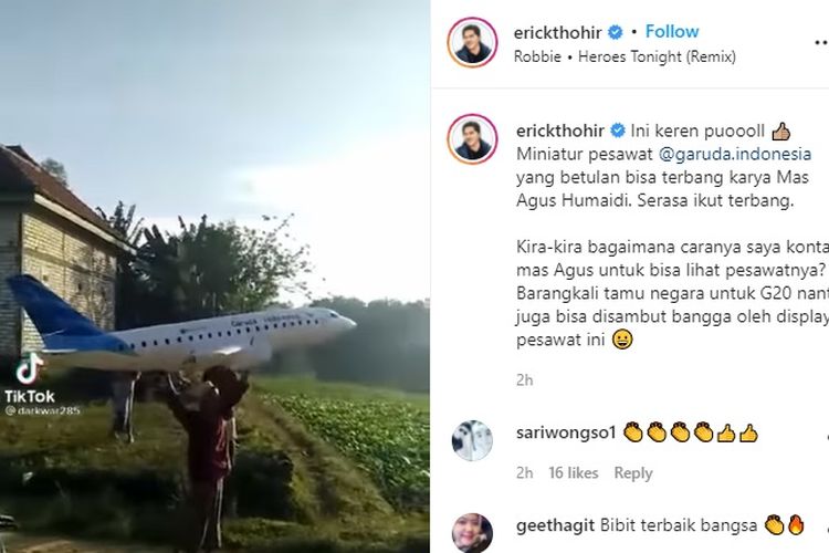Menteri BUMN Erick Thohir sedang mencari Agus Humaidi, seorang warga yang videonya viral sedang menerbangkan miniatur pesawat Garuda di sebuah perkebunan sayur.