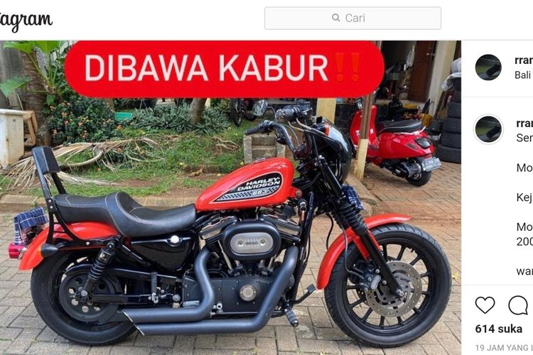 Tangkapan layar akun Instagram korban pencurian motor Harley Davidson di Ciputat Timur, Tangerang Selatan.