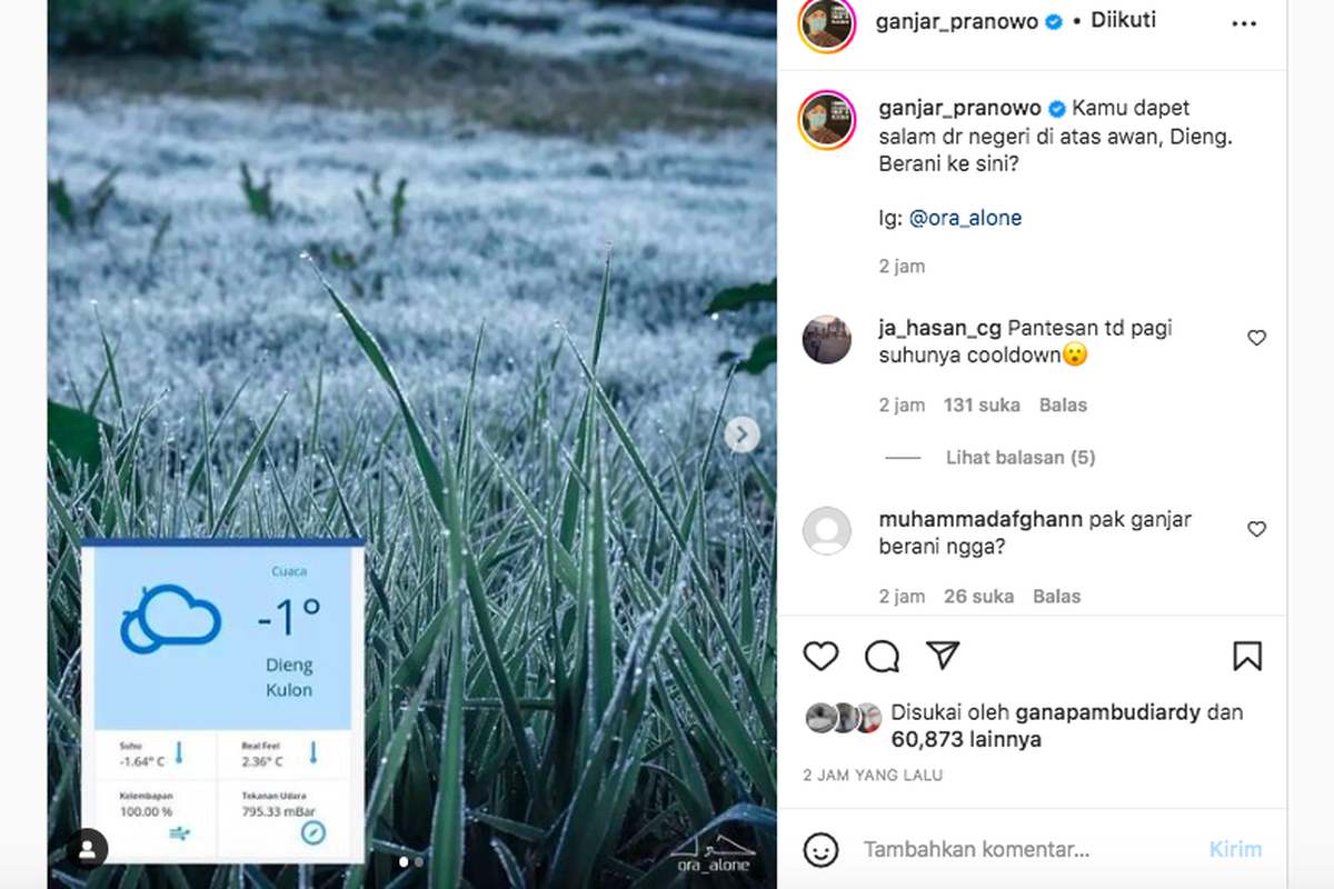 Tangkapan layar akun Instagram Gubernur Jawa Tengah Ganjar Pranowo yang memperlihatkan suhu di Dieng berada di minus 0 derajat celcius.
