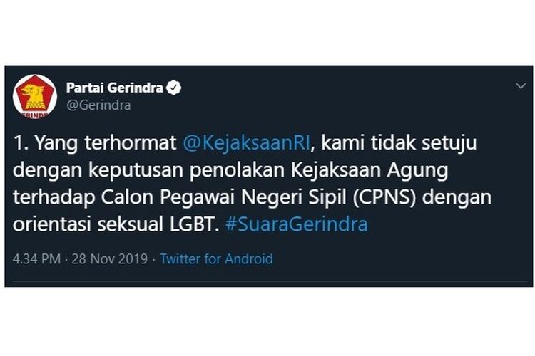 Twit akun resmi Partai Gerindra yang menolak aturan Kejagung terhadap pelamar CPNS dengan orientasi seksual LGBT.
