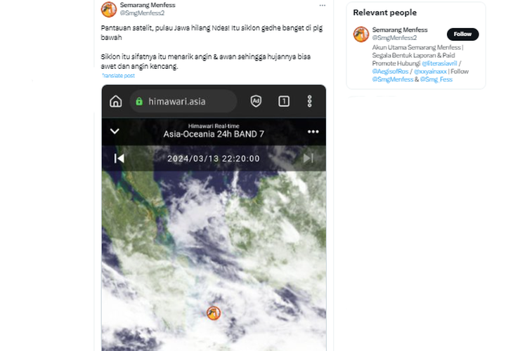 Tangkapan layar unggahan X soal Pulau Jawa hilang tertutup awan karena adanya siklon