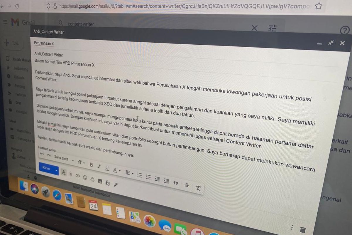 Ilustrasi contoh body e-mail lamaran kerja