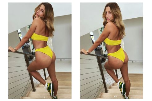 Gaya Hailey Baldwin, Pakai Bikini Kuning dan Nike Dunk Low 