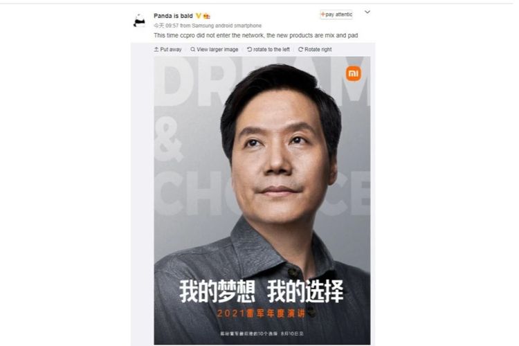 CEO Xiaomi, Lei Jun umumkan tanggal peluncuran Mi Mix 4 dan Mi Pad 5 lewat media sosial Weibo