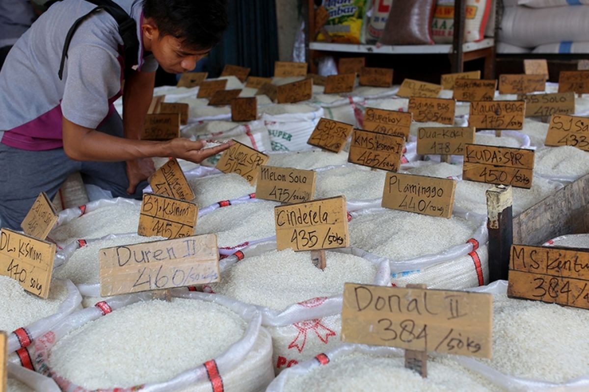 Pembeli memilih berbagai jenis beras yang dijual di Pasar Induk Beras Cipinang, Jakarta Timur, Rabu (26/7/2017). Penetapan Harga Eceran Tertinggi (HET) untuk komoditas beras memberikan pengaruh yang besar kepada para petani dan pedagang sehingga menyebabkan pasokan beras ke pasar induk anjlok.