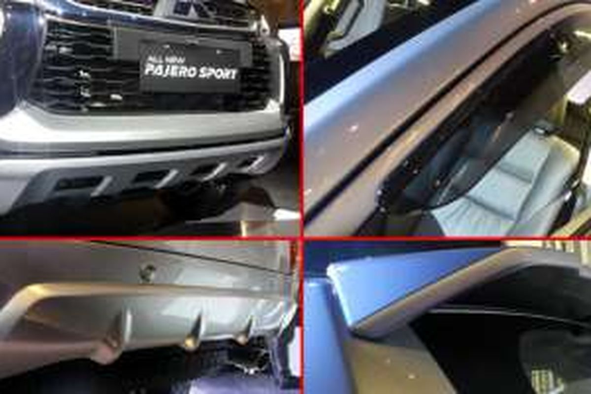 Aksesori Mitsubishi All-New Pajero Sport, front undercover (kiri atas), rear undvercover (kiri bawah), talang air (kanan atas), dan rear spoiler.