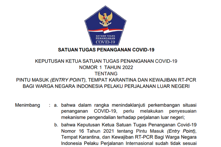 Tangkapan layar Keputusan Ketua Satuan Tugas Penanganan Covid-19 Nomor 1 Tahun 2022.