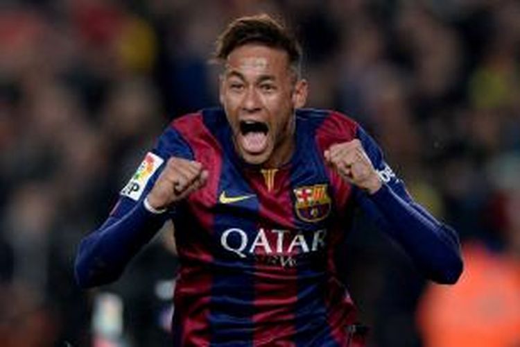 Penyerang Barcelona, Neymar, meluapkan kegembiraannya seusai mencetak gol ke gawang Atletico Madrid, Minggu atau Senin (12/1/2015) dini hari WIB. 