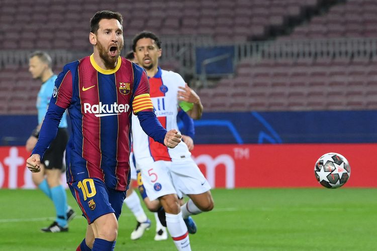 Penyerang asal Argentina, Lionel Messi, melakukan selebrasi setelah mencetak gol dalam laga leg pertama babak 16 besar Liga Champions melawan Paris Saint-Germain (PSG) di Camp Nou, Barcelona, Selasa (16/2/2021) atau Rabu dini hari WIB.