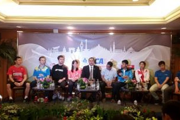 Para pemain hadir dalam konferensi pers jelang BCA Indonesia Open Superseries Premier 2015 di Istora, Jakarta, Senin (1/6/2015).