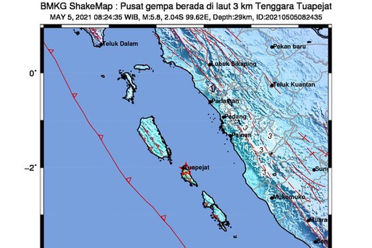Gempa berkekuatan M 5,8 guncang Padang pada Rabu, 5 Mei 2021 pukul 8.24 WIB. Gempa ini terasa hingga Padang dan Bukittinggi.