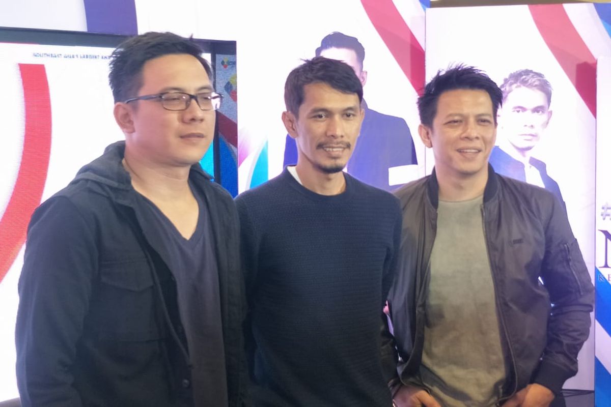 David, Lukman dan Ariel Noah saat jumpa pers konser #ILOVERCTI30 di MNC Tower, Kebun Jeruk, Jakarta Barat, Rabu (7/8/2019).