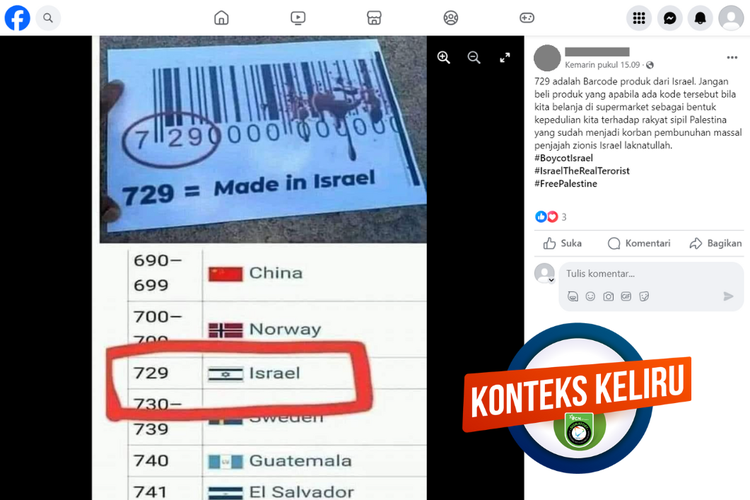 Tangkapan layar unggahan dengan konteks keliru di sebuah akun Facebook, Rabu (1/11/2023), yang menyebut produk dengan awalan kode 729 berasal dari Israel.