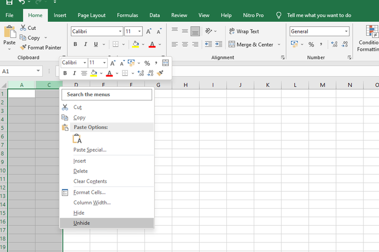 Cara menampilkan kolom dan baris tersembunyi di Microsoft Excel.