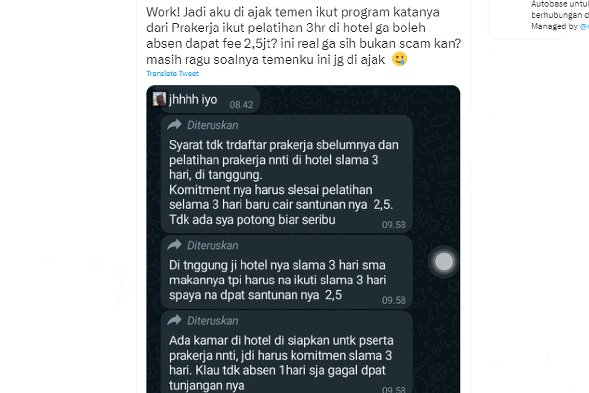 Tangkapan layar twit soal program pelatihan Prakerja selama 3 hari di hotel dan dapat dana Rp 2,5 juta