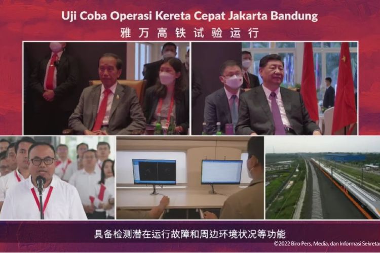 Presiden Joko Widodo dan Presiden China Xi Jinping menyaksikan uji coba comprehensive inspection train (CIT) atau kereta cepat inspeksi Kereta Cepat Jakarta-Bandung secara virtual sebelum pertemuan bilateral di Bali, Rabu (16/11/2022).