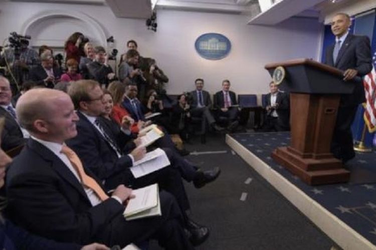 Presiden AS Barack Obama dalam konferensi pers kepresidenan terakhir di Gedung Putih, Rabu (18/1/2017) waktu setempat, atau Kamis (19/1/2017) WIB.
