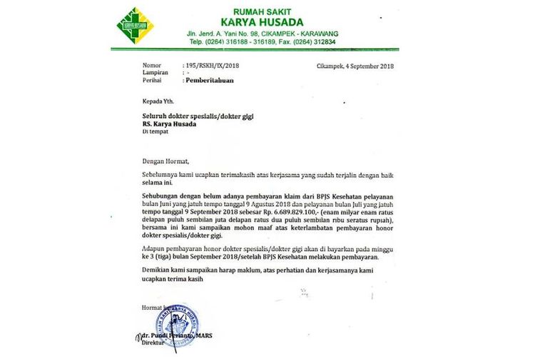 Surat pemberitahuan keterlambatan pembayaran honor dokter spesialis atau dokter gigi di RS Karya Husada yang viral.