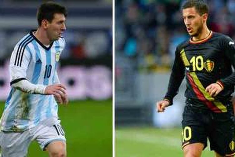 Kombinasi foto yang memperlihatkan penyerang Argentina Lionel Messi (kiri) ketika bermain di pertandingan persahabatan melawan Romania di Bucharest pada 5 Maret 2014 dan penyerang Belgia Eden Hazard dalam laga di Solna pada 1 Juni 2014.