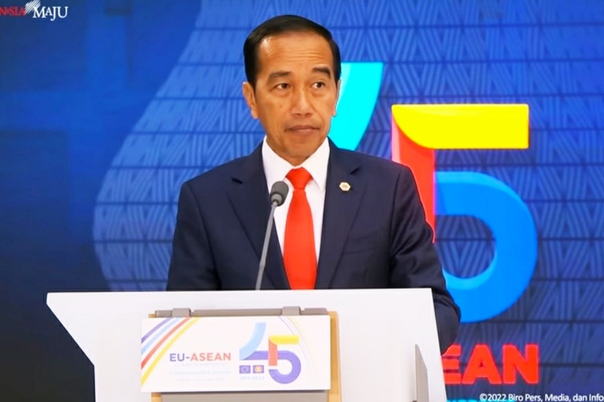 Indonesia's President Joko Widodo delivers his speech during the ASEAN-EU Commemorative Summit on the occasion of the 45th anniversary of ASEAN-EU Dialogue Relations in Brussels, Belgium on Wednesday, December 14, 2022. 